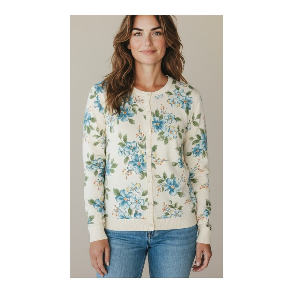 Alfred Dunner Cream Floral Beaded Cardigan Sweater size Medium